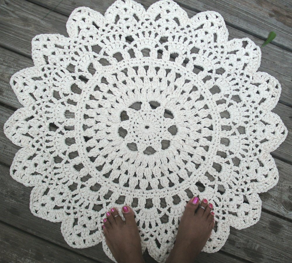 Ecru Off White Cotton Crochet Doily Rug in 30" Circle Lacy Pattern Non Skid READY TO SHIP
