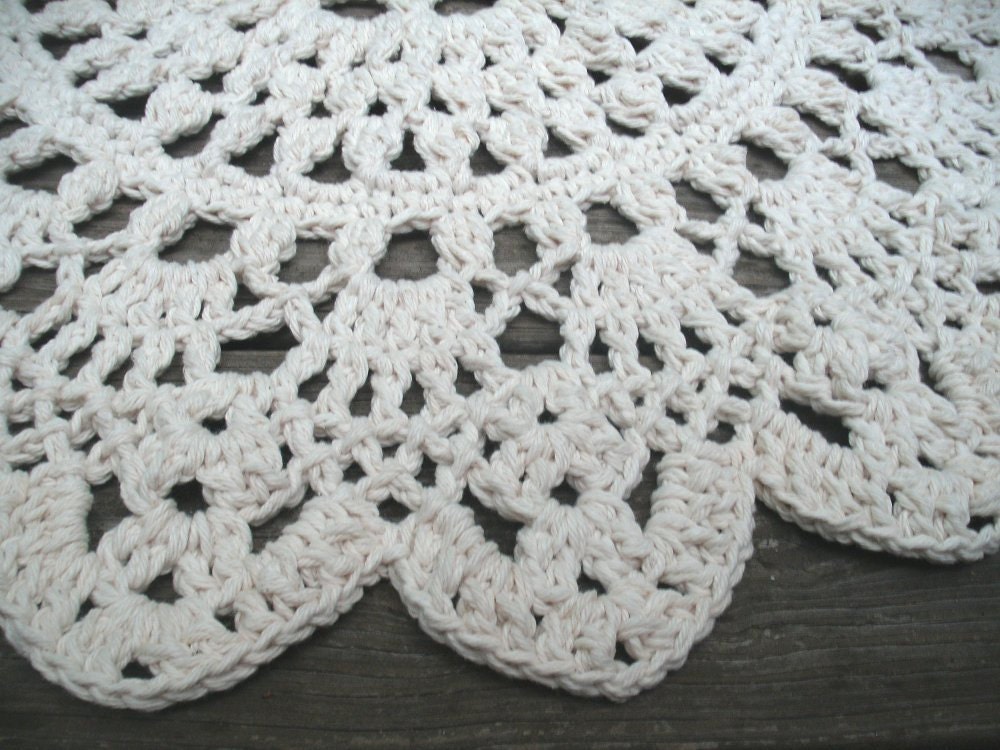 Ecru Off White Cotton Crochet Doily Rug in 30" Circle Lacy Pattern Non Skid READY TO SHIP