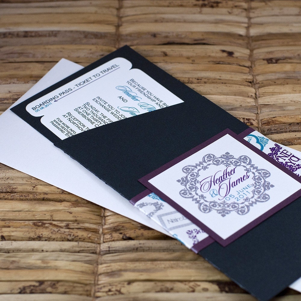 Boarding Pass Invitation or Save the Date  (Purple and Turquoise Passport Stamps) - Deposit and Design Fee