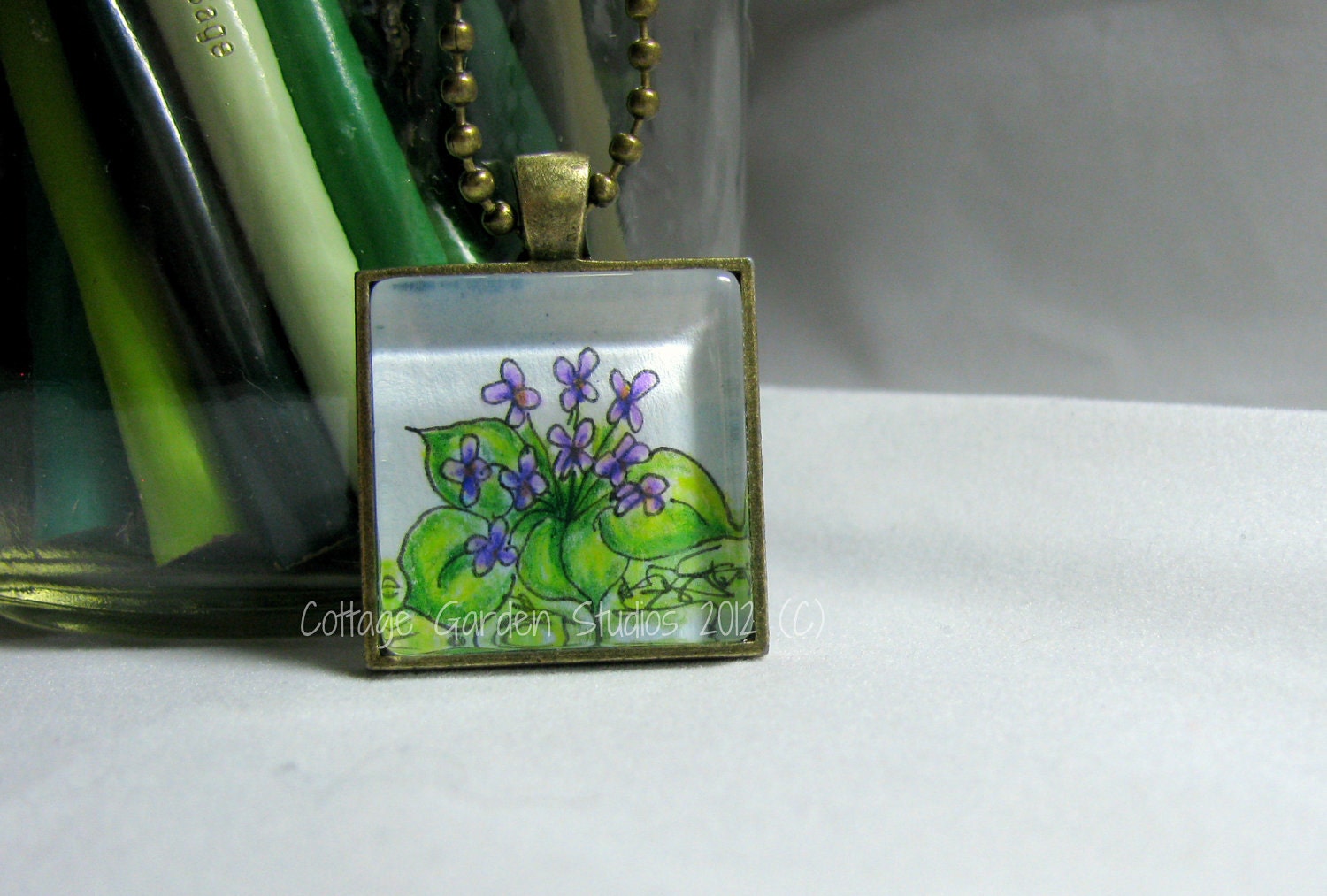 Violets Necklace, Garden Art, Flower Glass Pendant Glass Tile, Ball Chain