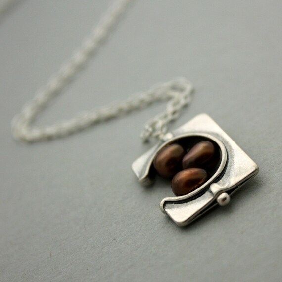 Espresso Pearl Girl Necklace - Sterling Silver Chain with Square Frame Bead and Chocolate Pearl Pendant