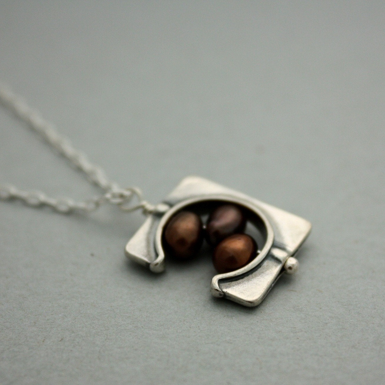 Espresso Pearl Girl Necklace - Sterling Silver Chain with Square Frame Bead and Chocolate Pearl Pendant