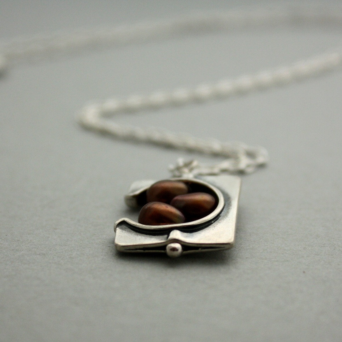 Espresso Pearl Girl Necklace - Sterling Silver Chain with Square Frame Bead and Chocolate Pearl Pendant