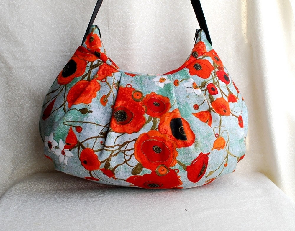 Pleated Bag // Shoulder Purse - Large Poppies in Teal