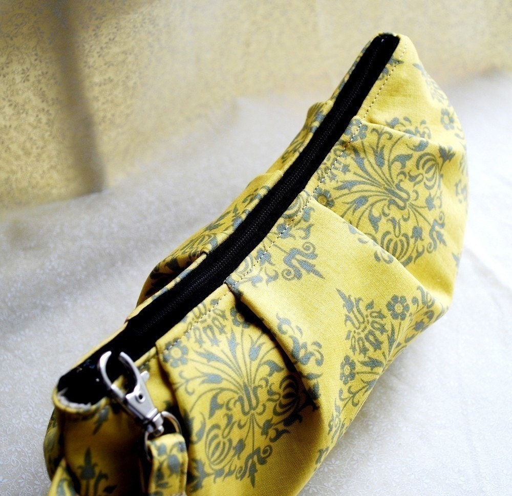 Pleated Wristlet Zipper Pouch // Clutch - Park Fountains in Mustard