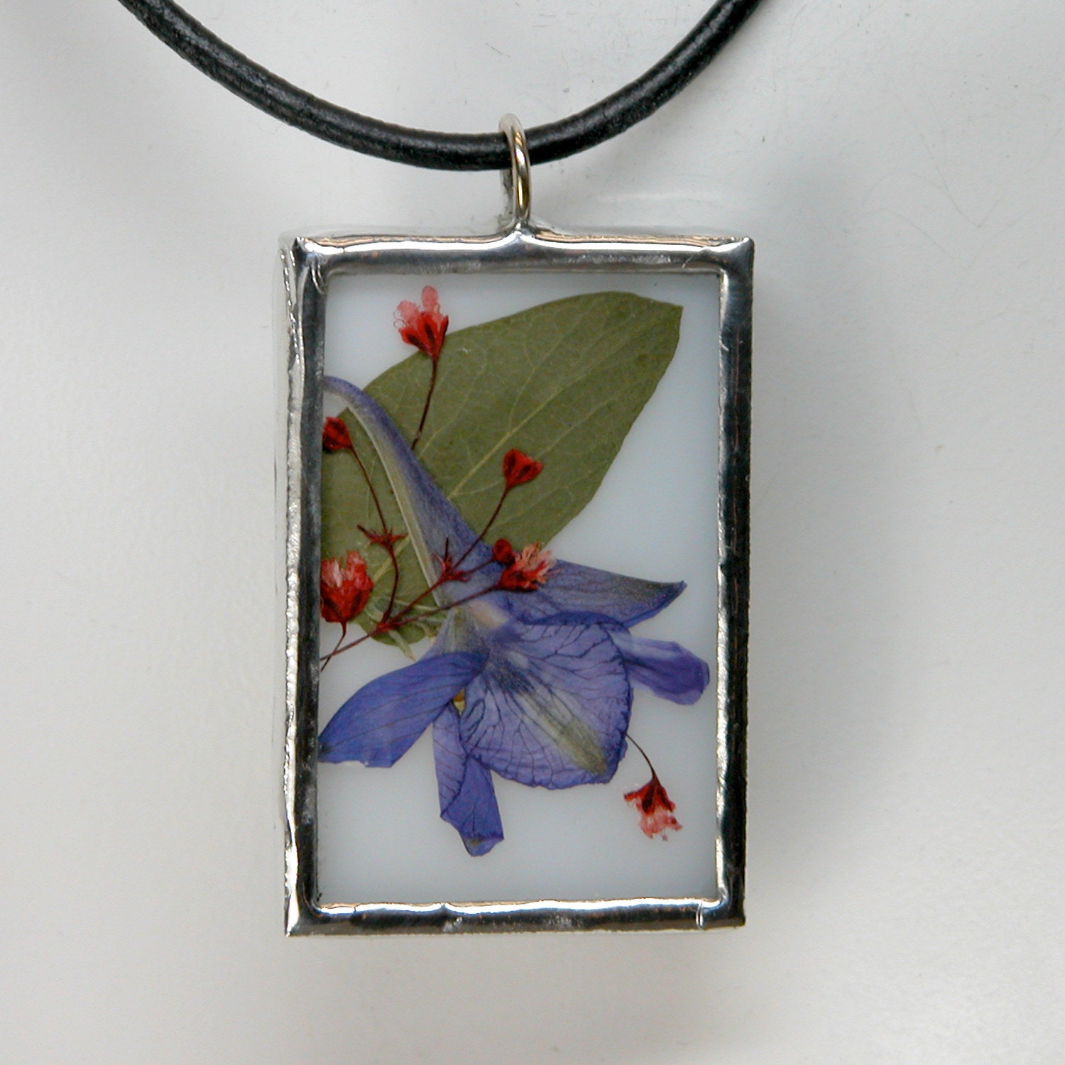 Stained Glass Pendant with Real Pressed Flowers LARKSPUR