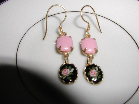 Shabby Chic Pink Rose on Black Cameo Earrings