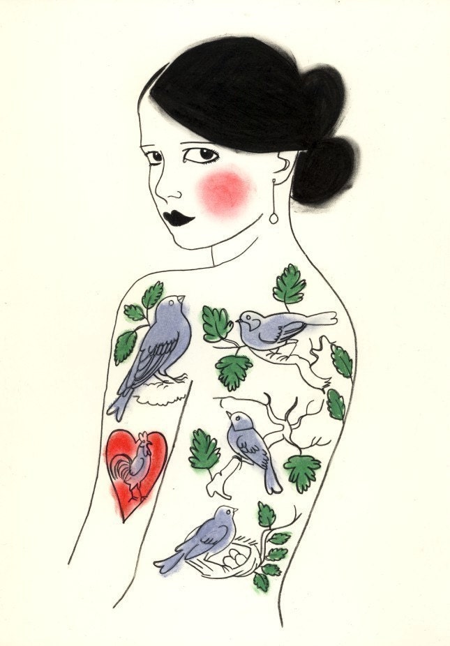 The Girl Who Loved Birds - print of original charcoal and pastel drawing