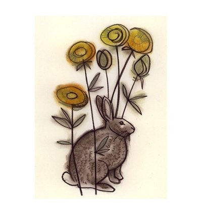 Rabbit art. Brown rabbit in dandelion -  (4 X 6 print)
