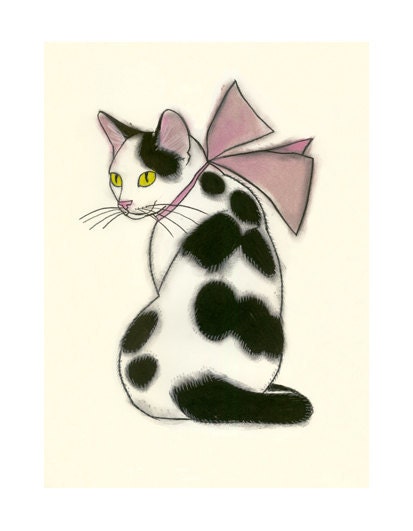 Black and white cat drawing.Pretty in pink - 4" X 6" cat print