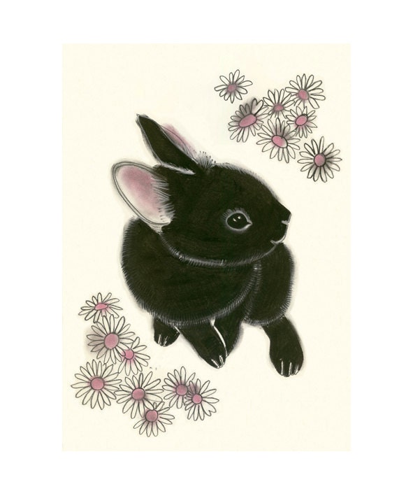 Black Bunny Rabbit art print - Little Black Bunny - 4" X 6" animal portrait