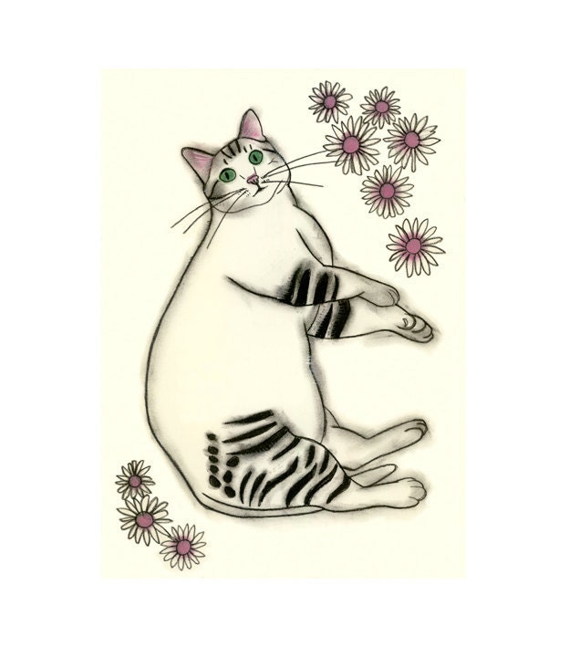 Cat Art -  Caught Napping - 4 X 6 print