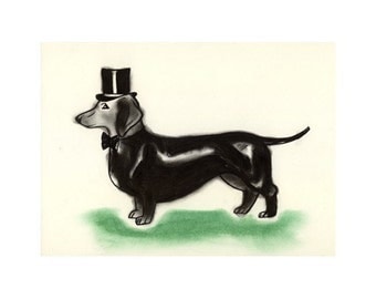 Dachshund dog/ sausage dog art drawing print  Top Hat and Tail 4" X 6" dog print