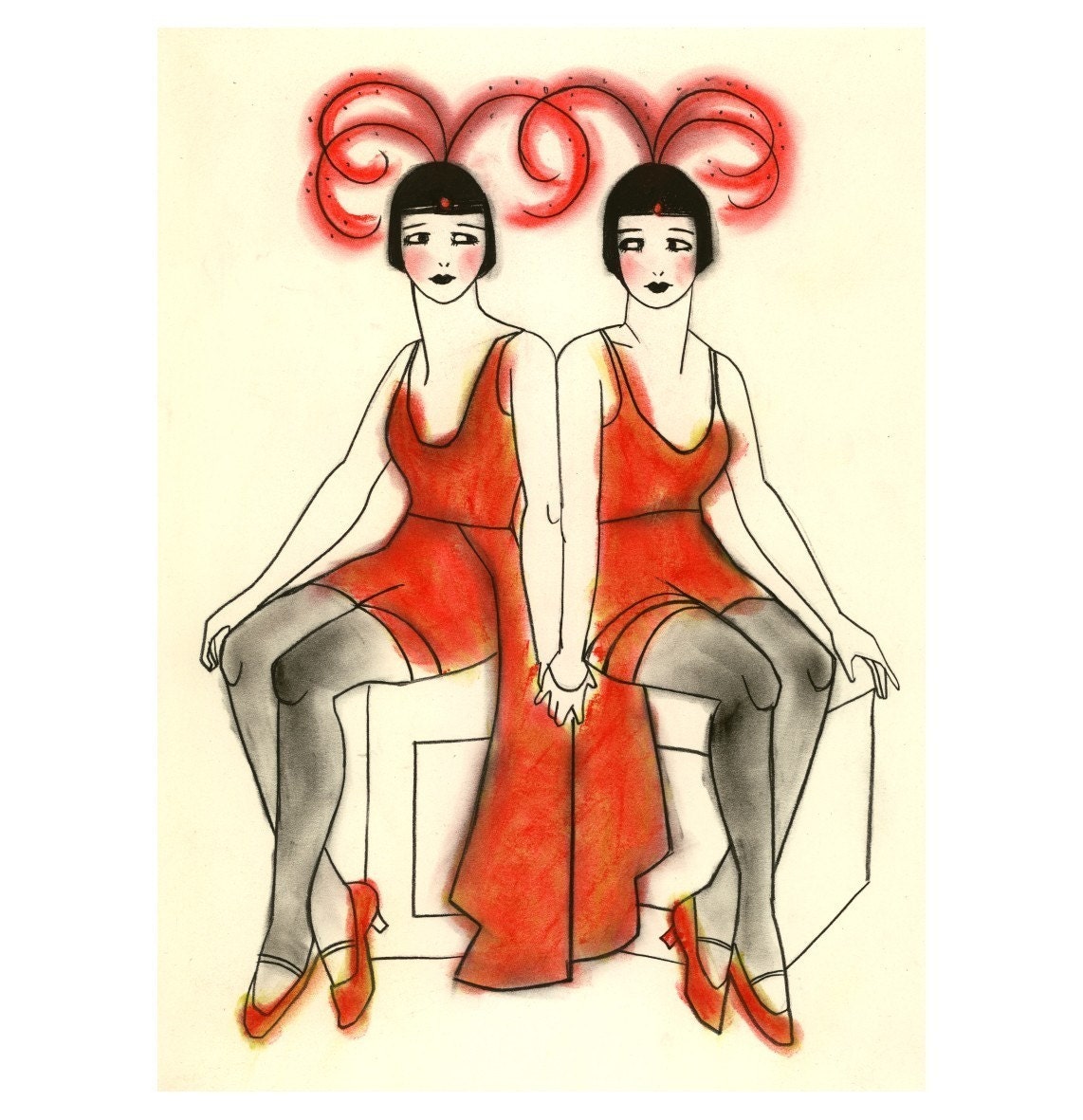 Fashion illustration Art Deco Art - Backstage at The Follies - 4 X 6 print