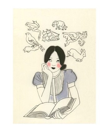 Library/ book art print.  The Constant Reader  -  4 X 6 print