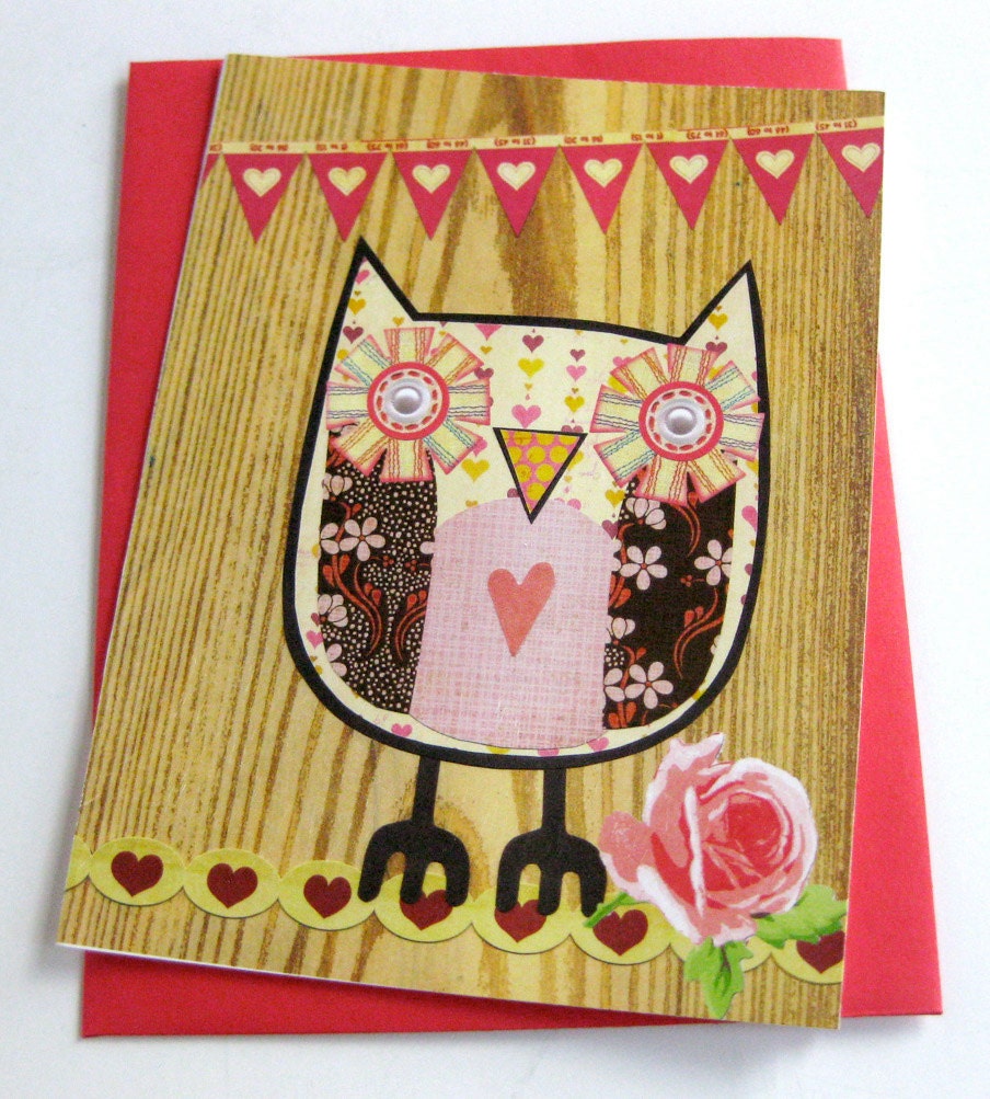 Owl Collage Card & Stationery // Pink on Woodgrain