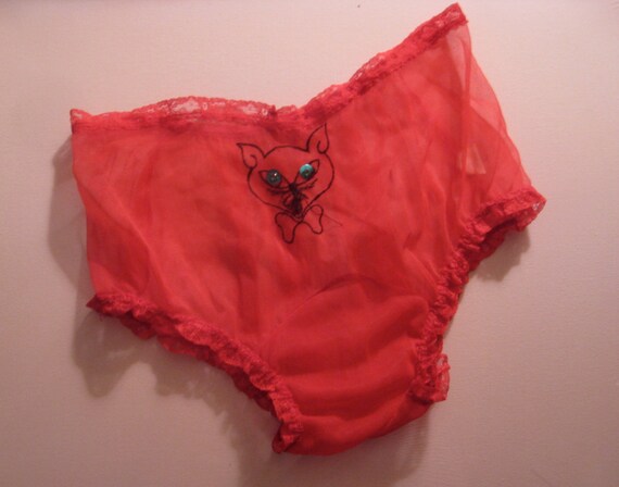 Vintage Red Nylon Panties Embroidered Black By Graceparadise