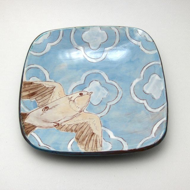 Plate with Hand Drawn Bird and Pattern - OOAK