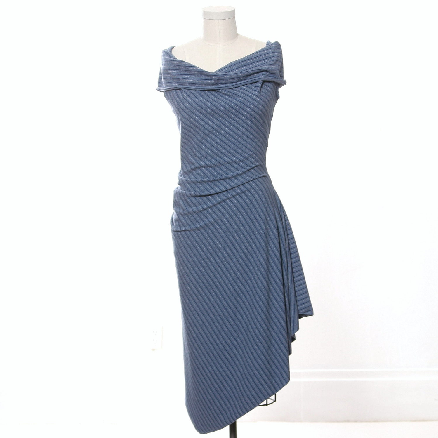 Blue Stripe Cowl Neck Twisted Drape Dress