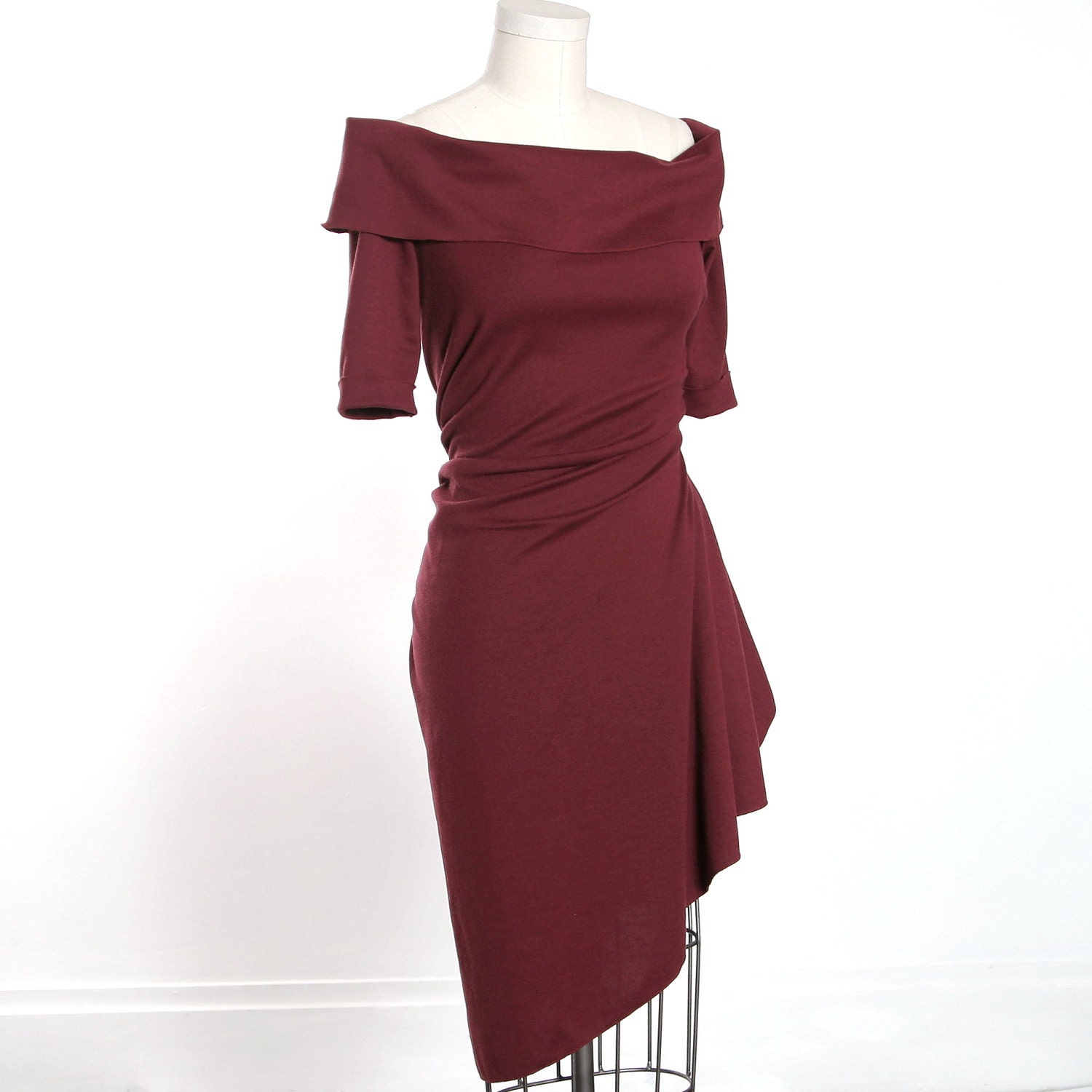 Burgundy Draped Asymmetric Cocktail Party Dress