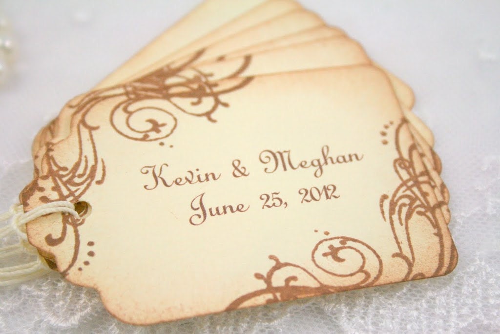 Customized Wedding Gift Tags Personalized Favor Tags - Name and Date - Vintage Swirls