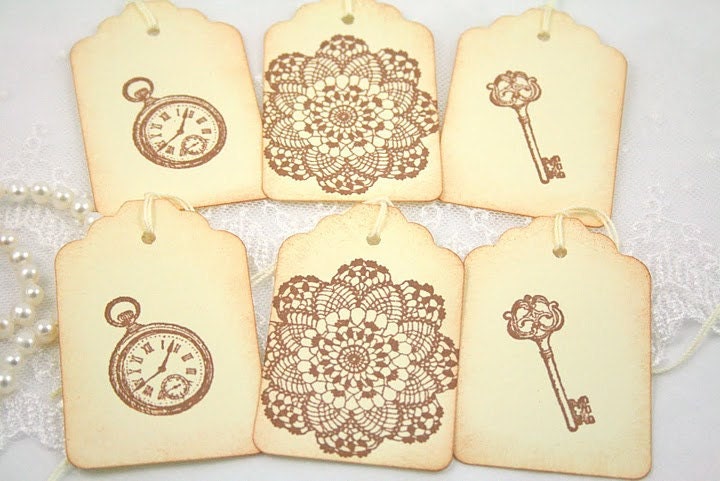 Vintage Gift Tags Doily Pocket Watch Skeleton Key Wedding Collection