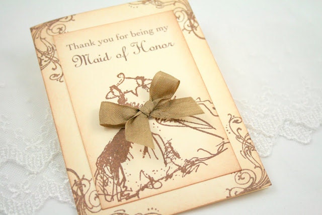 Maid of Honor Thank You Card - Vintage Wedding Dress - You Choose Ribbon Color