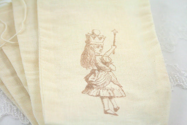 Muslin Favor Bags  Drawstring Gift Bags - Stamped Alice in Wonderland ...