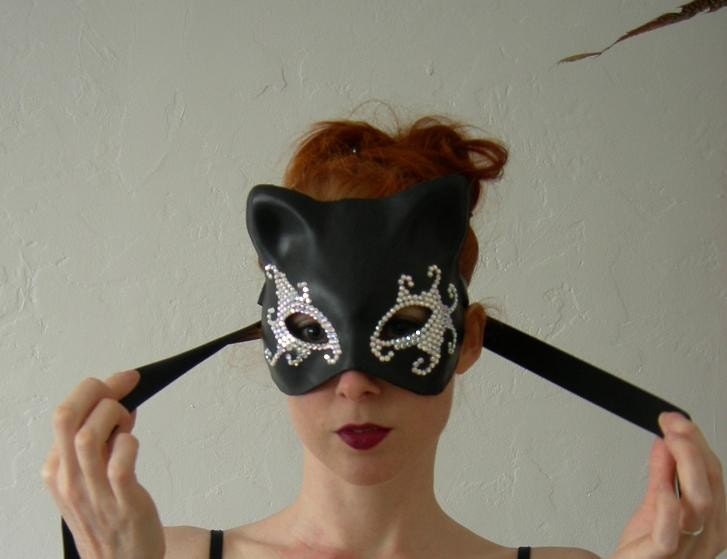 Leather and Swarovski Crystal Cat mask - To Order