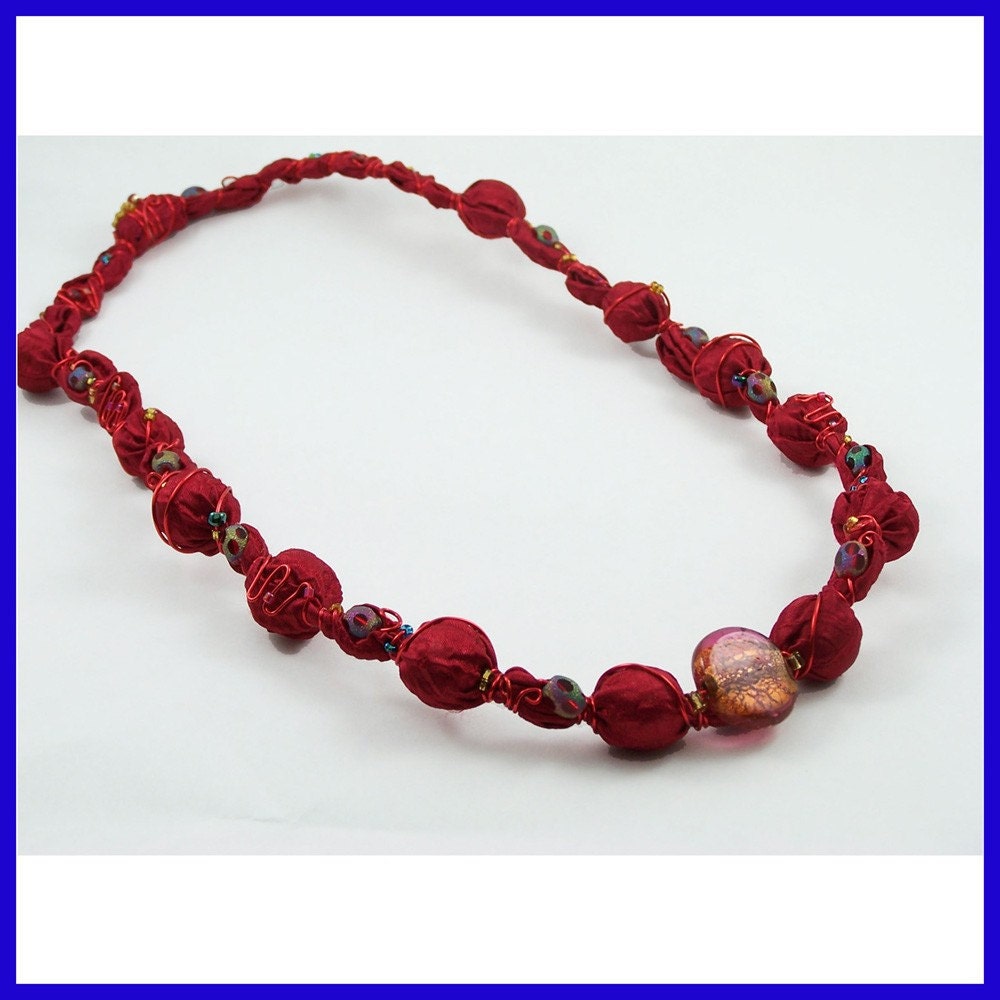 Handmade Wire Wrapped Textile Necklace Red Blue Upcycled Fabric