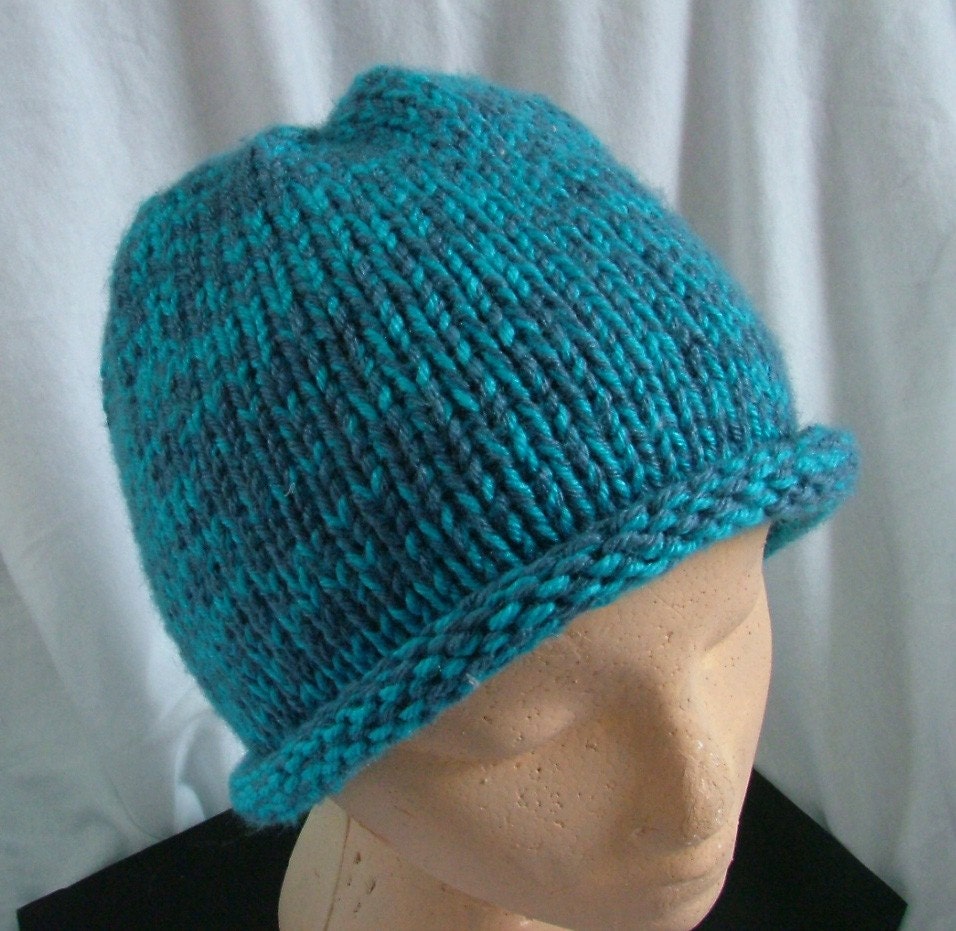 SALE -- Hand-knit blue and gray hat