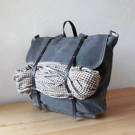 Waxed Canvas Backpack // Rucksack // Leather Straps // in Slate Gray // Organic Cotton Lining