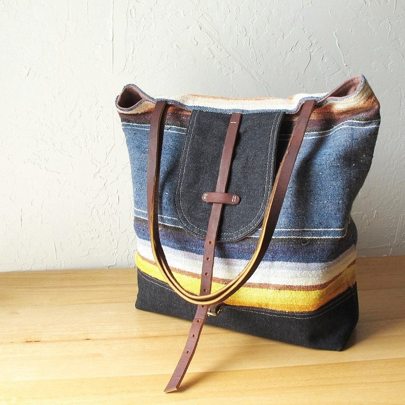 2-Tone Flap Tote in Woven Wool and Denim