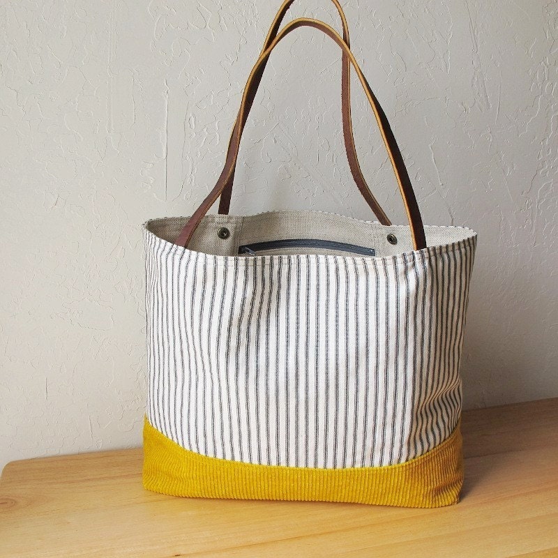 2-Tone Tote in Golden Yellow and Indigo Stripe
