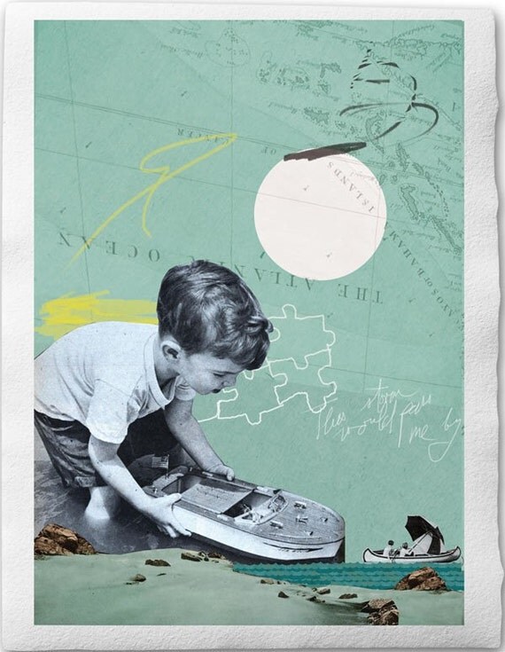 This storm would pass me by, Fine Art Collage Illustration Print,Druck Büttenpapier,Kind spielt am Strand mit Boot