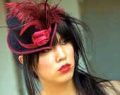 Adorable feathered Victorian Steampunk / Goth Mini Riding Hat / Top Hat in Red and Black