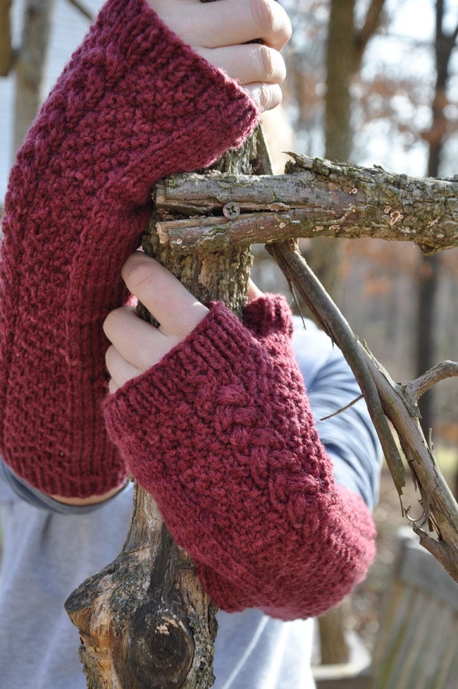 Mulberry Red Celtic Cabled Knit Long Fingerless Gloves for Women