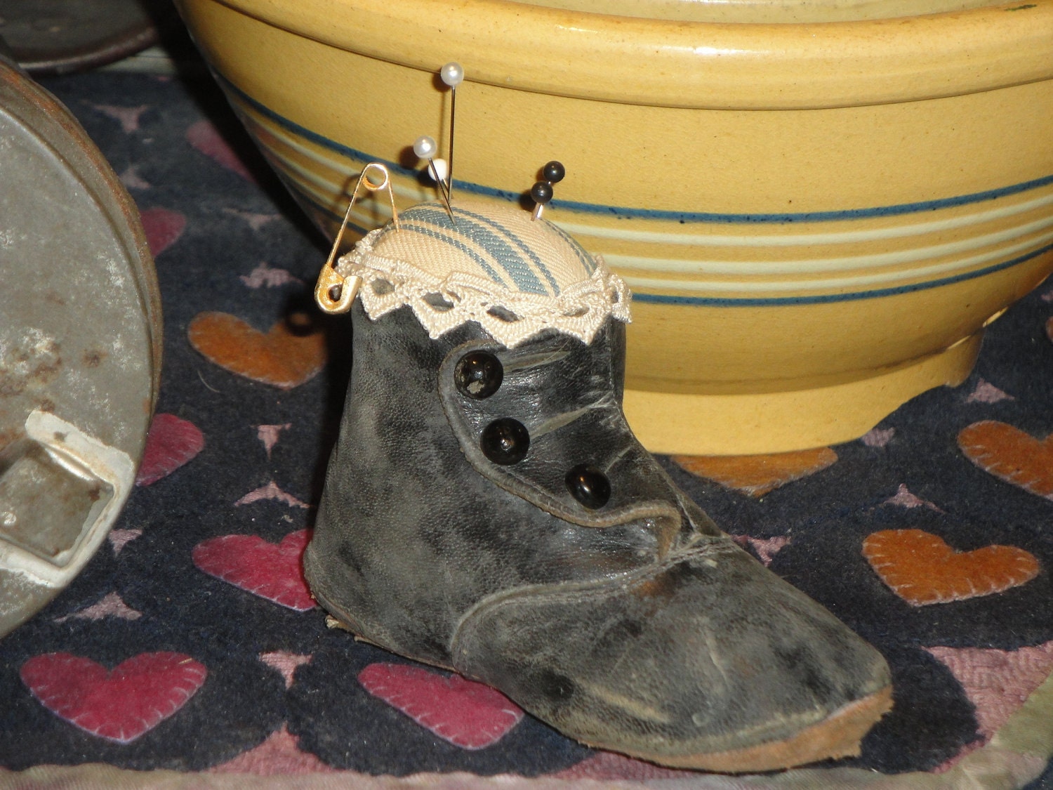 Vintage Black Victorian Button Up Baby Shoe Repurposed Into A Pin Cushion