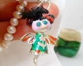 Reserved for Millie Green Red Enamel Lampwork Silver Anahita Angel Necklace with Pearls