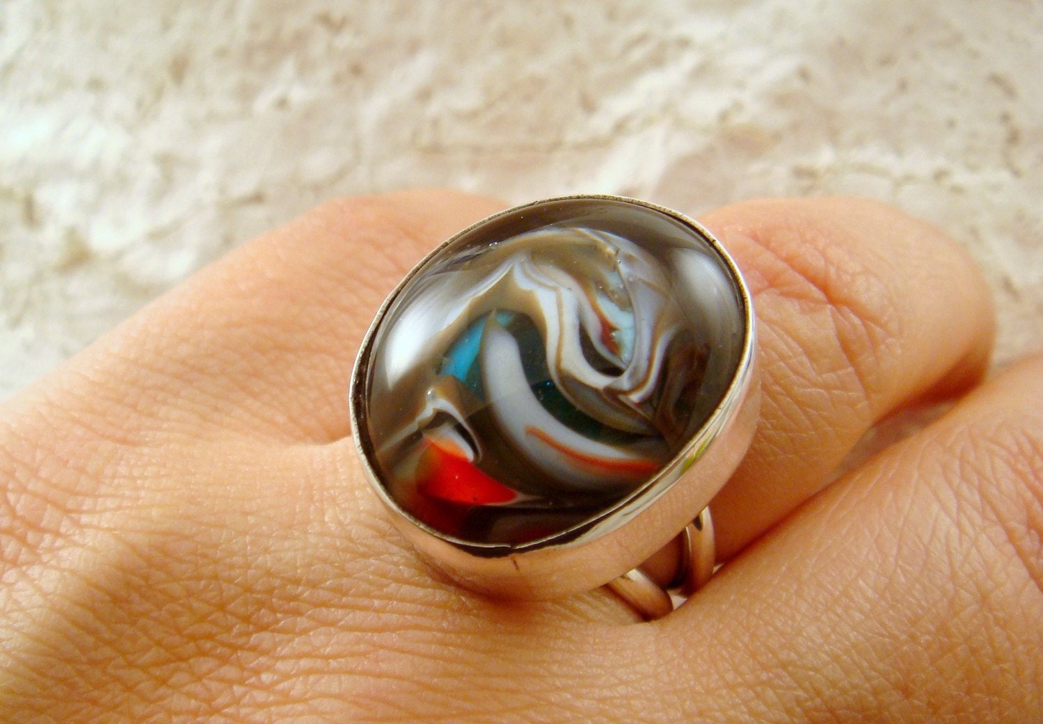 Glass Silver Ring in Red Brown White Blue Color, Adjustable Ring, lampwork Ring