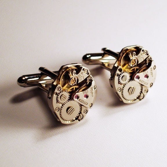 Watch movement steampunk silver cuff links in gift box