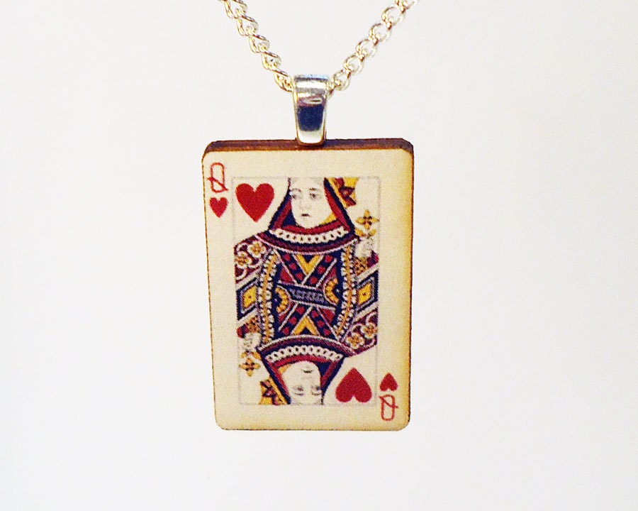 Queen of hearts vintage style playing card pendant with silver bail and chain