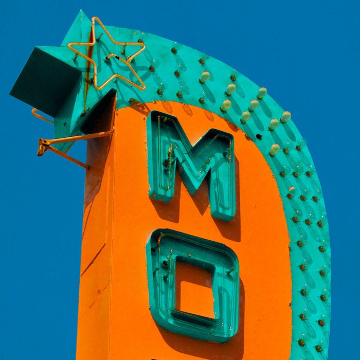 Retro wall decor, turquoise, orange, mid century design, vintage neon sign, motel sign, summer roadtrip - MO 8x8