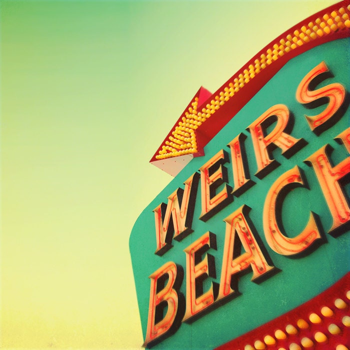 Vintage sign neon bulbs beach resort mid century roadtrip red arrow 1950s car trip northeast green aqua orange - Weir's Beach 8x8