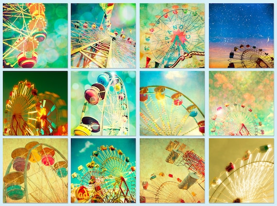 Circus photos, carnival photography, childs room summer, nursery, baby, green, blue - Wheels 12 5x5 prints