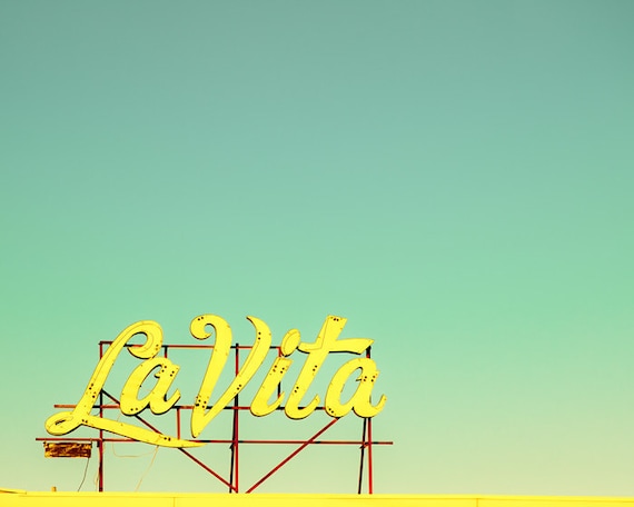 30% OFF Lemon yellow photography citrus aqua vintage motel sign photo mustard jersey shore blue green aqua opal