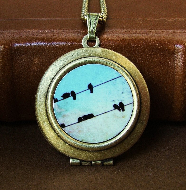 Photo locket photo pendant art locket Photo locket Tweet black birds bird on a wire wearable art Photo Art Locket Necklace