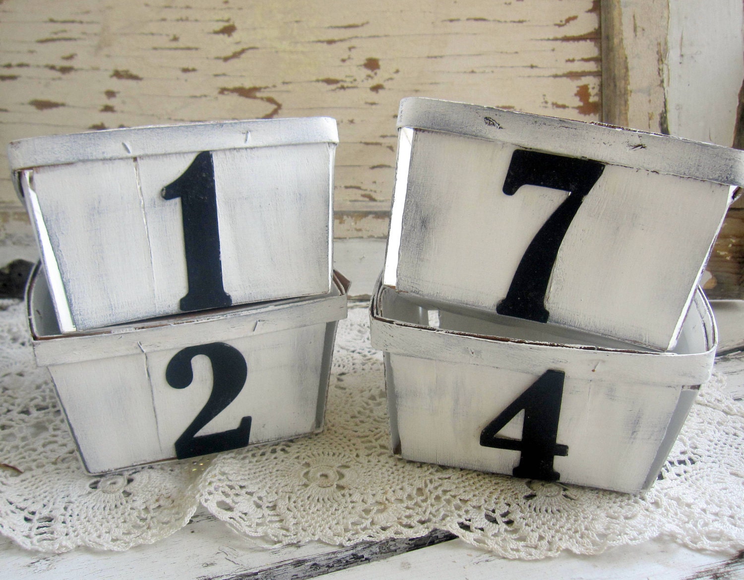 Primitive Farmhouse Baskets, Wood, Berry, Box, White, Black, Numbers, Set of 4, Cssteam, ofg team
