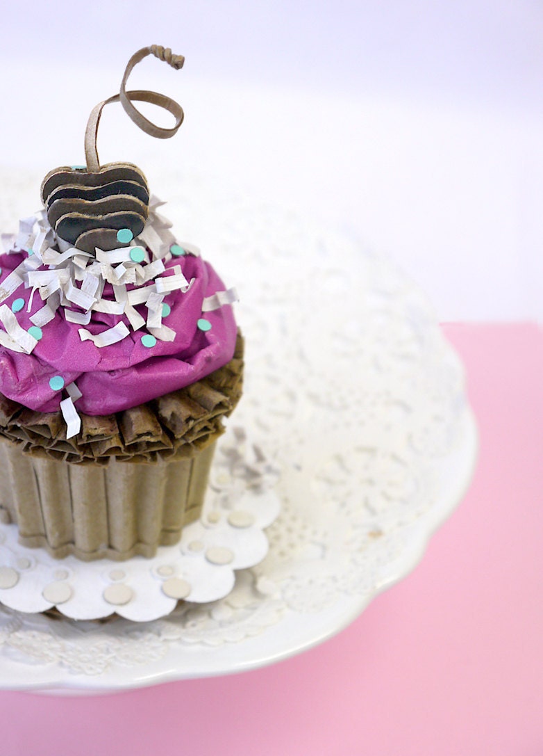 Cupcake With Pink Buttercream Recycled Food Art Cardboard Sculpture home Decor