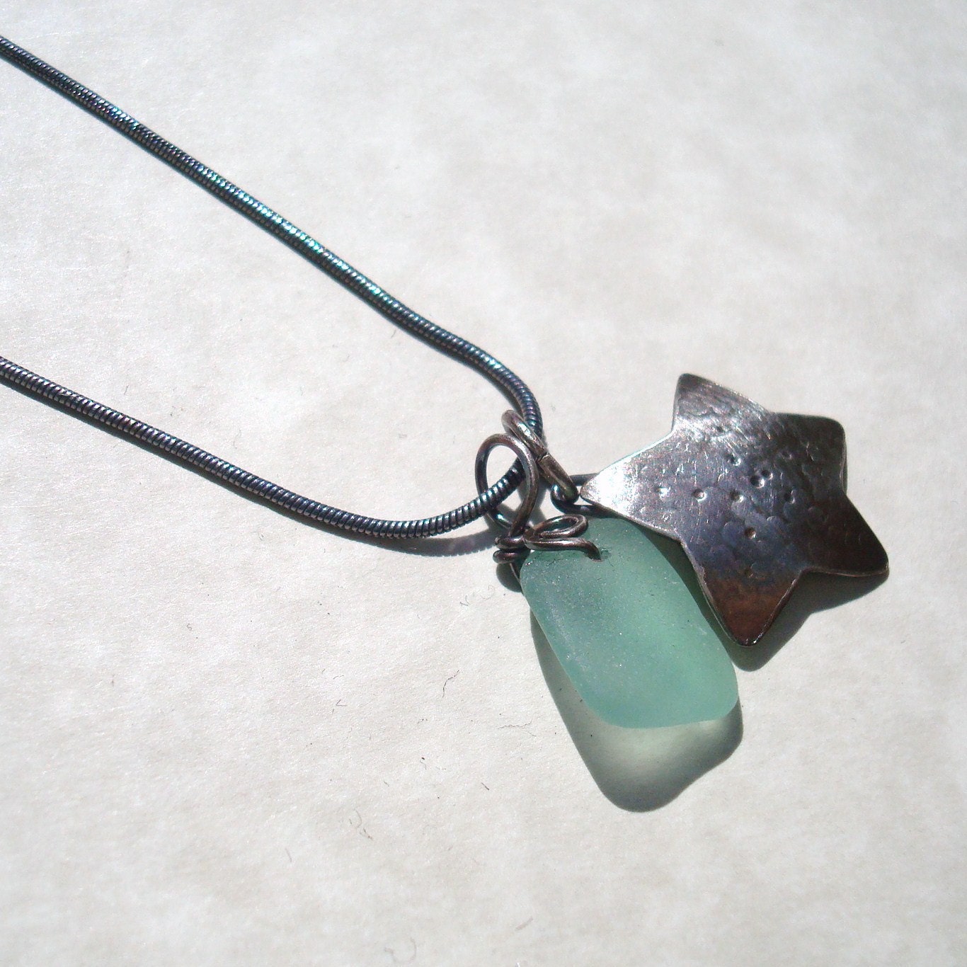 Sea Glass Necklace -Seafoam Seaglass Starfish Charm -Sterling Silver Jewelry